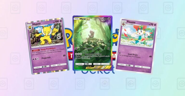 Feature image of a Psychic-themed Pokémon TCG Pocket deck with Mew ex, Hypno, and Floette cards, showcasing their synergy in competitive play.