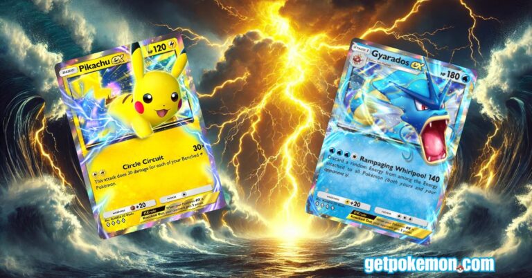Dynamic artwork showing Pikachu ex battling against Gyarados ex Pokémon TCG Pocket.