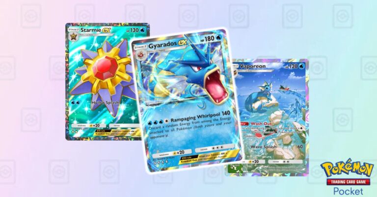 Illustration of Starmie, Vaporeon, and Gyarados from Pokémon TCG Pocket, showcasing their synergy in a Water-themed deck strategy with powerful Energy management and high-damage attacks.